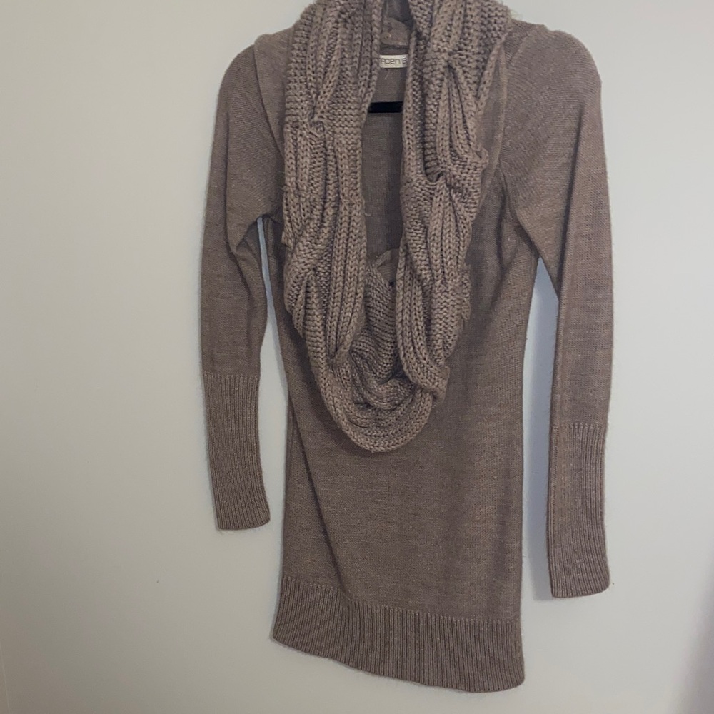 Cozy Taupe Knit Sweater Dress with Infinity Scarf